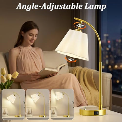 Gold Table Lamp Set of 2, Bedside Table Lamp with USB C+A Ports, Stepless Dimmable Nightstand Lamp, Small Cute Bedroom Lamps, Flower Lamp for Bedroom, Living Room, Home Office(Bulbs Included, Gold) - color: white shade & gold base