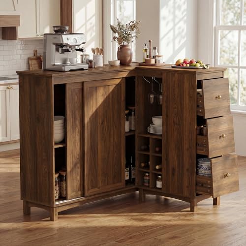 STO'SENSE Corner Bar Cabinet with Charging Station, Corner Coffee Bar Station with Storage Drawers, L-Shaped Bar Table with Wine Rack & Glass Rack, Home Bar Unit with Sliding Door, Vintage Brown - color: Vintage Brown