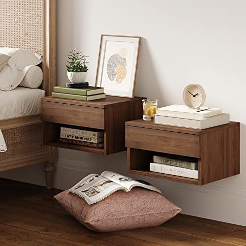 Nathan James Jackson Wall Mounted Floating Bedroom Nightstand with Storage Drawer and Modern Open Shelf Cubby Set of 2, Dark Brown Walnut - color: Brown Walnut, size: Set of 2