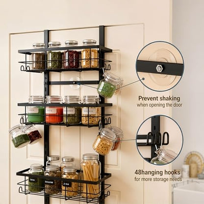 9-Tier Over The Door Pantry Organizer – Spice Rack with Side Hooks, Hanging Storage Basket for Back of Door, Home & Kitchen Essentials for Laundry Room & Bathroom Organization – Black