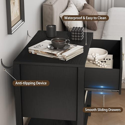 Xixini Rattan Nightstand with 2 Drawers and Open Shelf, 27" Wide Boho Bedside Table with Brass Knobs, Mid-Century Modern Wooden End Table for Bedroom, Black - color: Black