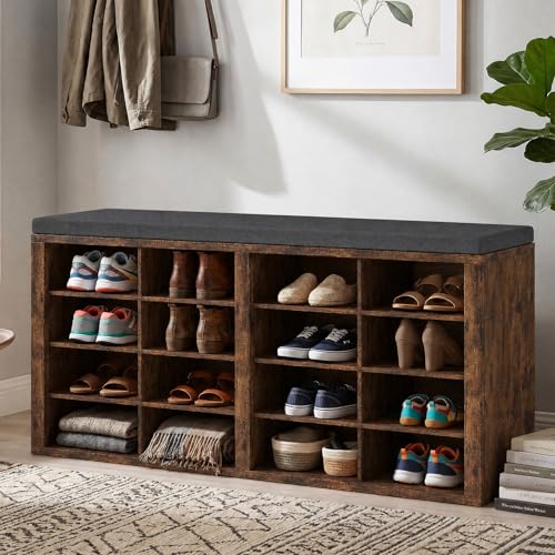 AMONIDA Shoe Storage Bench with Cushion, Entryway Bench with 16 Cubbies, 4-Tier Organizer Bench with Removable Dividers for Hallway Living Room (Vintage, Dark Grey) - color: Vintage + Darkgrey