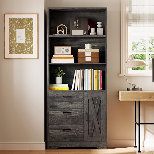 IRONCK Bookshelf with Doors and 3 Drawers 71 in Tall Bookcase with 3-Tier Shelves, Industrial Book Shelf with Storage for Living Room Entrance Hallway Home Office - color: Charcoal Grey