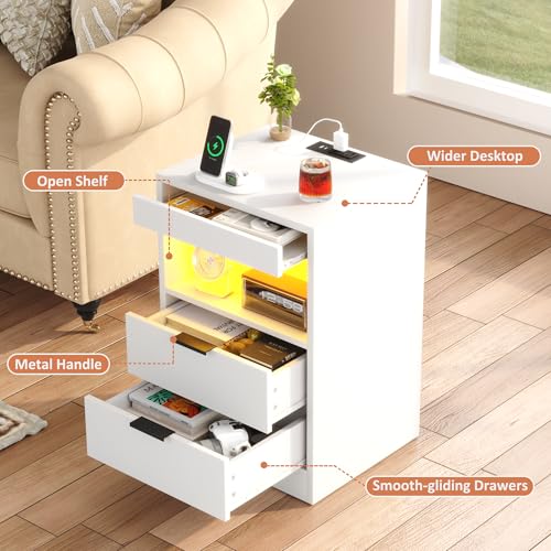 Gadroad LED Nightstand with Charging Station, Bedside Table with USB Ports & Power Outlets, Modern Night Stand with Drawers for Bedroom Small Spaces, White - color: White