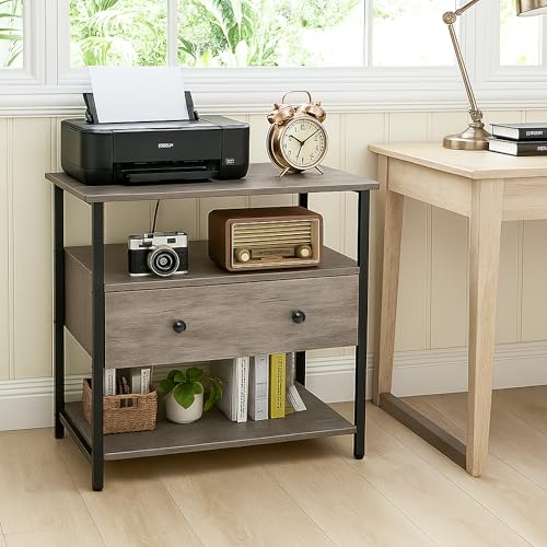 Edbuosy 27 Inch Wide Night Stand with Charging Station, Wood Nightstand with Open Shelf, Large Drawer Bedside Table for Living Room/Bedroom/Office, Rustic Gray - color: Rustic Gray, size: 27"W-1 Drawer