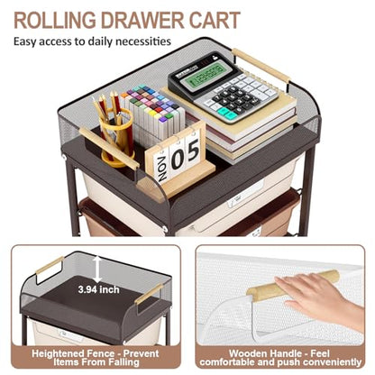 SYKIARIOL 4-Drawer Rolling Storage Cart with Mesh Top, Utility Craft Organizer Cart on Wheels with DIY Labels, Rolling Drawer Cart for Home Office Classroom Bedroom, Brown - color: Brown