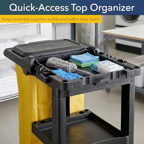 44” x 18” x 38” Black 3-Shelf Janitorial Cart Kit - Commercial Housekeeping Cart with Yellow Bag, Black Zippered Bag, Lid, Folding Handle for Hotels, Offices, Schools - 175 lb Capacity - size: Small (Black)