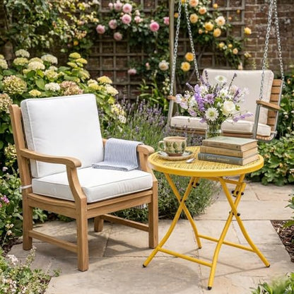 TeoKJ Folding Outdoor Side Tables, Anti Rust Small Patio Table Round Metal Nightstand with Flower Cutouts for Porch Yard Balcony Deck Lawn, Yellow - color: Yellow
