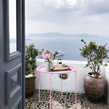 Garden 4 you End Table Metal Side Table Pink Round Folding Tray Cyan Sofa Small Accent Fold-able Table, Round End Table Tray, Next to Sofa Table, Snack Table for Living Room and Bed Room - color: Pink