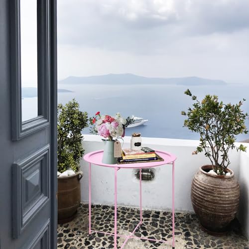 Garden 4 you End Table 2 PCS Metal Side Table Pink Round Folding Tray Cyan Sofa Small Accent Fold-able Table, Round End Table Tray, Next to Sofa Table, Snack Table for Living Room and Bed Room - color: Pink
