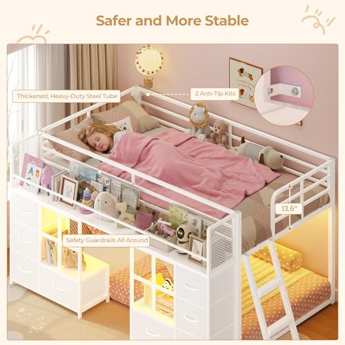 BTHFST Low Bunk Bed Twin Over Twin with 8 Fabric Drawers & Bookshelf, Twin Bunk Beds with RGB LED Lights, Windows, Metal Bunk Beds for Kids with Slanted Ladder & Safety Guardrails, Space Saving, White