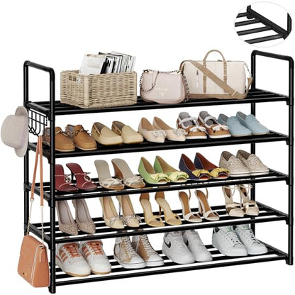 Metal Shoe Organizer,5 Tiers Shoe Storage Shoe Rack with Hooks,Fit 20-25 Pairs,Adjustable Shoe Shelf for Entryway,Hallway,Bedroom,Metal Bottom Support - size: 5 Tier