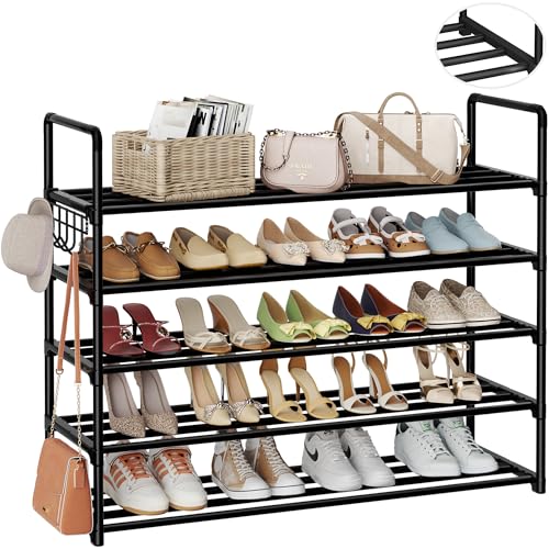 Metal Shoe Organizer,5 Tiers Shoe Storage Shoe Rack with Hooks,Fit 20-25 Pairs,Adjustable Shoe Shelf for Entryway,Hallway,Bedroom,Metal Bottom Support - size: 5 Tier