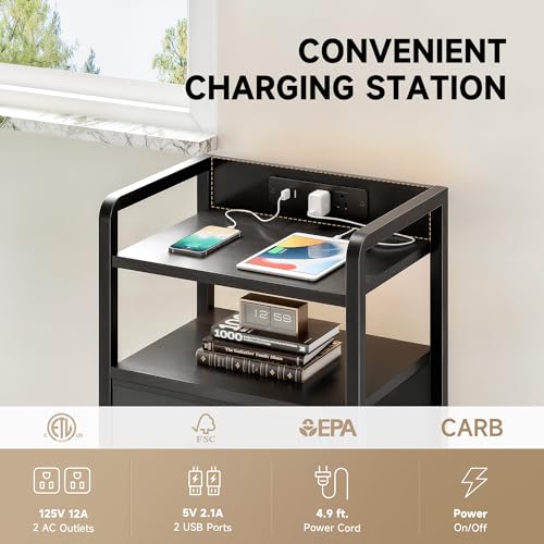 Lazzanto Night Stand Bedside Table Bedroom - Tall Nightstand with Charging Station & LED Light Strip, Bed Side Table with Shelf & Drawers, 2 U-S-B Ports & 2 AC Outlets, Black - color: Black, size: 4 Drawers