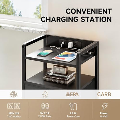Lazzanto Night Stand Bedside Table Bedroom - Tall Nightstand with Charging Station & LED Light Strip, Bed Side Table with Shelf & Drawers, 2 U-S-B Ports & 2 AC Outlets, Black - color: Black, size: 4 Drawers