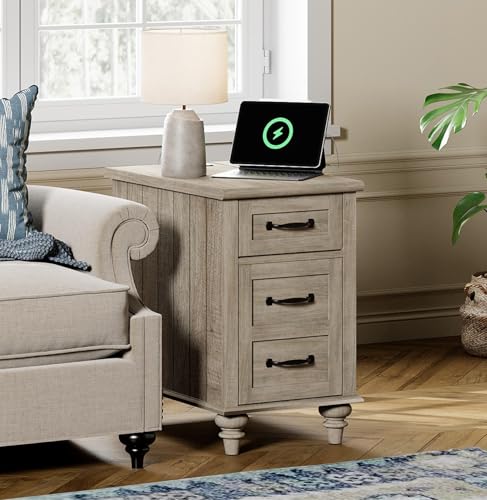 WAMPAT Gray End Table with Charging Station, Wooden Side Table with 1 Drawer &1 Storage Cabinet, Mid Century Modern Nightstand with Power Outlets & USB Ports for Living Room, Bedroom - color: Grey