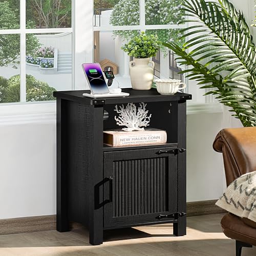 Joaxswe Night Stand Set of 2, 18 Inch Farmhouse Nightstand with with Charging Station and USB Port, Rustic Couch End Table with Magnetic Door, Wood Bed Side Tables for Bedroom, Home, Black - color: Black