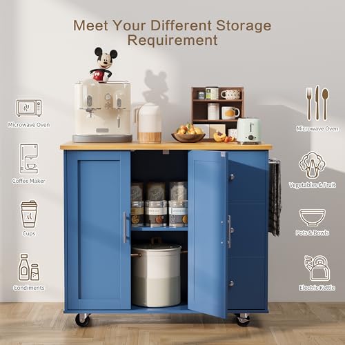 SUNLEI Kitchen Island on Wheels with Storage Cabinet & Foldable Drop Leaf, Rolling Kitchen Table, Cart Handle for Towel Rack, Drop Leaf, Portable Islands for Kitchen (Classic Blue, 39.7-INCH) - size: 39.7 INCH, style: Blue