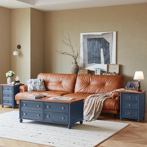 RWYHG 18" Night Stand with Charger Station, Nightstand with 3 Drawers | Farmhouse Modern Bedside Table, Metal Handle, Roman Column Legs, Blue Bed Side End Tables for Bedroom Living Room - color: Navy Blue, size: 18"D x 18"W x 24"H (3 Drawers)