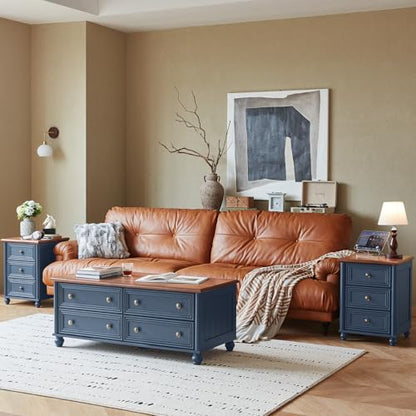 RWYHG 18" Night Stand with Charger Station, Nightstand with 3 Drawers | Farmhouse Modern Bedside Table, Metal Handle, Roman Column Legs, Blue Bed Side End Tables for Bedroom Living Room - color: Navy Blue, size: 18"D x 18"W x 24"H (3 Drawers)