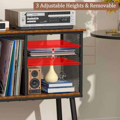 Record Player Stand with Adjustable Divider Vinyl Storage Holder Up to 200 Albums Mid-Century Large Record Player Table Vinyl Holder Turntable Stand End Table for Bedroom & Living Room, Patent Pending