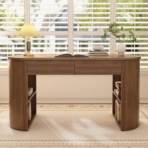 Modern MDF Office Desk with 2 Drawers & Open Shelves, Half-Cylinder Base Computer Table, Sleek Long-Lasting Workstation for Home Office, Study, or Bedroom, Stylish Storage Writing Desk, Dark Walnut