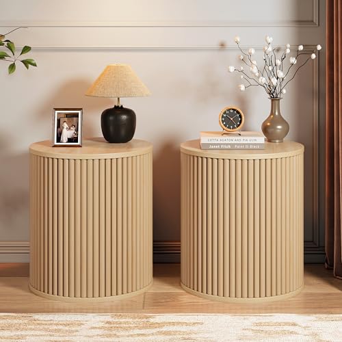 AVZEAR Small Round Side Table Fluted Night Stand Set of 2, Modern Boho End Table with Storage, Circle Bedside Tables Wood Nightstands for Small Spaces, Living Room, Bedroom (Nature) - color: Nature, size: 15.7"D x 15.7"W x 17.7"H