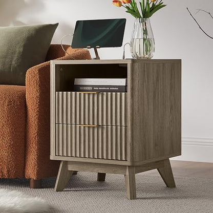 T4TREAM Fluted Nightstand with Charging Station, 18" Modern Side Table with 2 Drawers, End Table w/Storage, Bedside for Bedroom, Living Room, Curved Profile Design, Grey Alder - color: Grey Alder