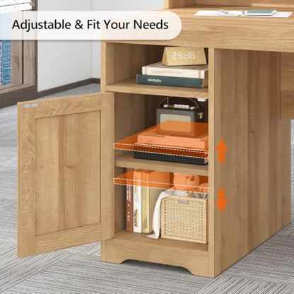 65" Farmhouse Computer Desk with Drawers and Printer Stand for Home Office | Office Desk with Power Outlets and Storage Cabinet, Study Writing Desks with Long Monitor Stand, Oak - color: Oak