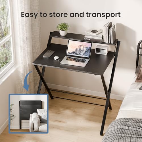 DUMOS Folding Desk with Shelf, No Assembly Computer Desk, Small Space Ink | Foldable Desk with Shelf Saves Space for Bedroom, Office and Dorm Use - color: Ink