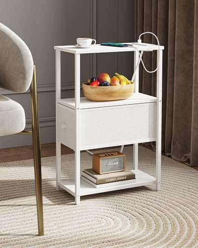 TUTOTAK Small Narrow End Table with Charging Station, Set of 2, Side Table with Outlets, Nightstand with Cloth Drawer, Couch Table, for Living Room, Bedroom, Bedside, White TB01BW058 - color: White, style: 1 Drawer & Plug
