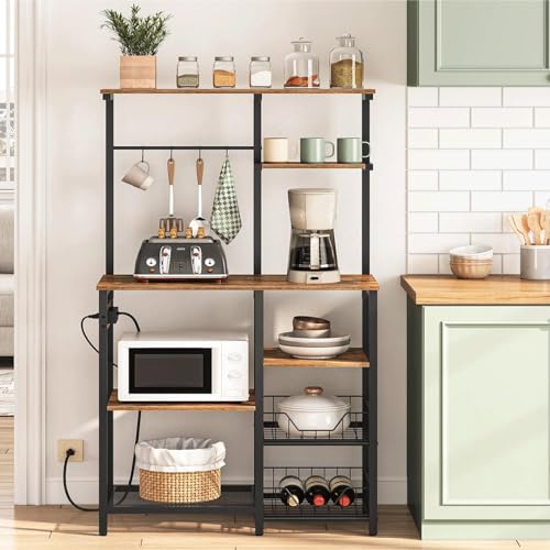 HOOBRO Large Bakers Rack with Power Outlets, 6-Tier Microwave Stand with 4 Hooks, Coffee Bar, Kitchen Shelf with Wire Basket, for Kitchen, Living Room, Office, Rustic Brown and Black BF64UHB01 - color: Rustic Brown + Black