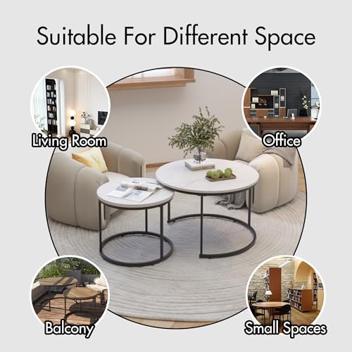 Nesting Coffee Table Set of 2 Round Side Tables, 27.6 Inch Marble Top Coffee Table with Metal Frame for Small Space, Living Room, Bedroom, Balcony & Apartment(White) - color: White
