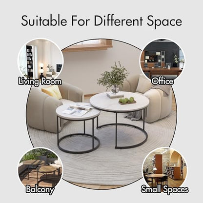 Nesting Coffee Table Set of 2 Round Side Tables, 27.6 Inch Marble Top Coffee Table with Metal Frame for Small Space, Living Room, Bedroom, Balcony & Apartment(White) - color: White