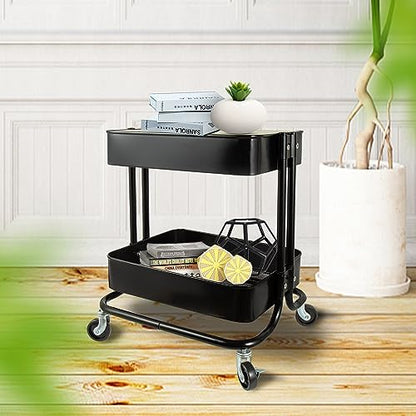 2 Tier Utility Cart，Metal Rolling Cart with Wheels and Cover for Office Home Kitchen Organization (Black-1, 2 Tier) - color: Black-1