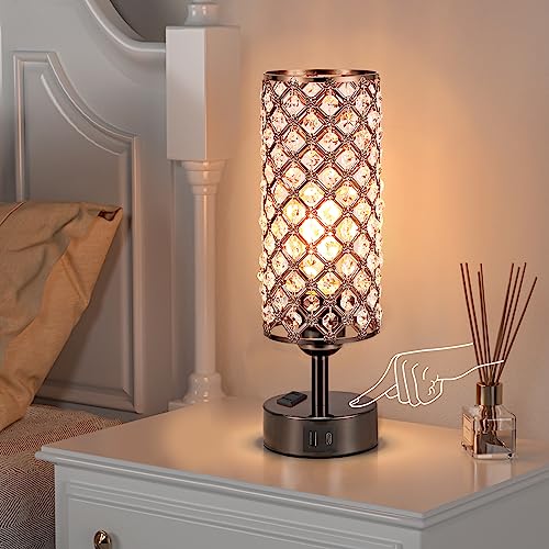 Hong-in Crystal Table Lamp Touch Control Set of 2, 3-Way Black Crystal Lamps with USB C+A Ports & AC Outlet, Dimmable Nightstand Desk Lamps,Modern Bedside Table Lamp for Bedroom(Bulbs Included) - color: Black