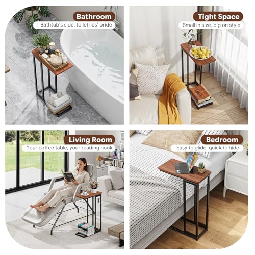 Ekisemio C-Shaped End Table, Slide Under Sofa Side Table with Metal Frame, Rustic Brown for Living Room