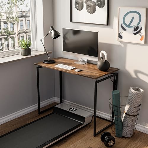 31.5" Folding Desk: No Assembly, Wood Top for Small Spaces | Home office desk, holds 150 lbs, folds flat to 2.3 in, splash-proof wood top, sturdy metal frame - color: Brown, size: 31.5"W x 15.7"D