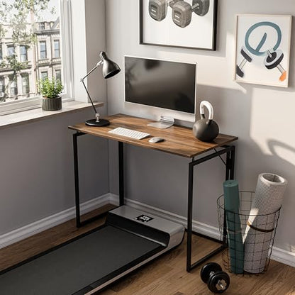 31.5" Folding Desk: No Assembly, Wood Top for Small Spaces | Home office desk, holds 150 lbs, folds flat to 2.3 in, splash-proof wood top, sturdy metal frame - color: Brown, size: 31.5"W x 15.7"D