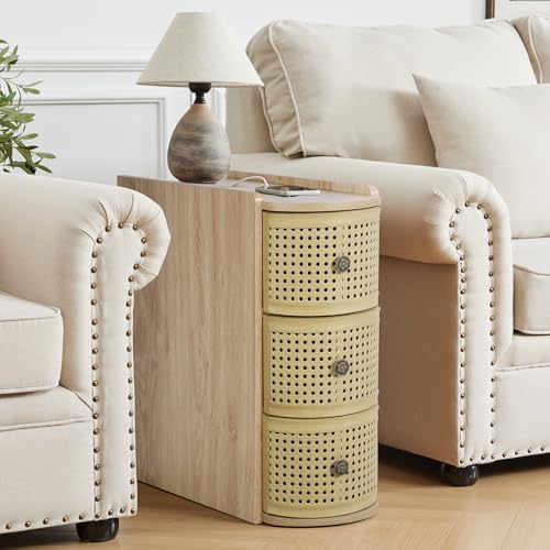 Narrow End Table Set of 2, Metal Rattan Side Table with Storage, Narrow Charging Nightstand with 3 Drawer for Bedroom Bedside, Living Room Couch Sofa, Desk Side Table for Small Spaces - Natural - size: Drawer Natural-set