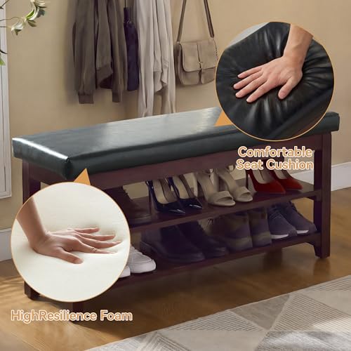 40" Faux Leather Shoe Storage Bench Entryway, Upholstered Bench with Leather Cushion, Solid Wooden 2 Tier Rack Shoe Organizer for Entry Way, Bedroom, Living Room, Black - color: Black