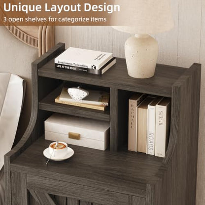 4ever2buy Grey Nightstand Set of 2, 30" Tall Night Stand with Hutch | Farmhouse Tall Bedside Table End Table for Bedroom Living Room Sofa Office, Storage Cabinet, Wash Grey - color: Wash Grey