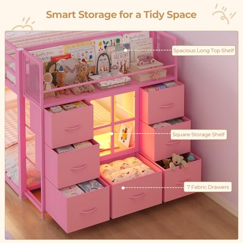 BTHFST Low Bunk Bed Twin Over Twin with 7 Large Fabric Drawers & Bookshelf, Metal Bunk Bed with RGB LED Lights & Slanted Ladder & Safety Guardrail, Space-Saving Kids Low Loft Bed Twin, Pink - color: Pink