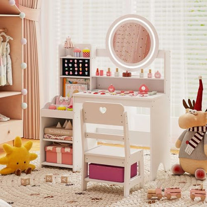 Costzon Kids Vanity, Girls Vanity Set with Mirror and Lights, Jewelry Storage, Shelves, Princess Toddler Makeup Vanity Desk Dressing Table, Wooden Kids Vanity Table and Chair Set (White) - style: White with Jewelry Storage