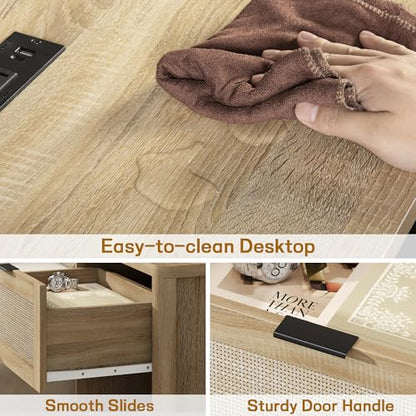 Boho Nightstand with Charging Station, Large Bedside Table with Drawer & Open Storage Shelf, Mid-Century Modern End Table Rattan-Look Drawer, Accent Side Table with Rounded Corners for Bedroom - size: 23.6"D x 22"W x 15.74"H(1-Drawer)