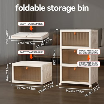 LDQ Storage Bins with Lids, 3 Tier 69QT Stackable Storage Cabinet, Foldable Closet Organizer with Doors & Wheels, Plastic Storage Drawers for Bedroom, Living Room, Bathroom