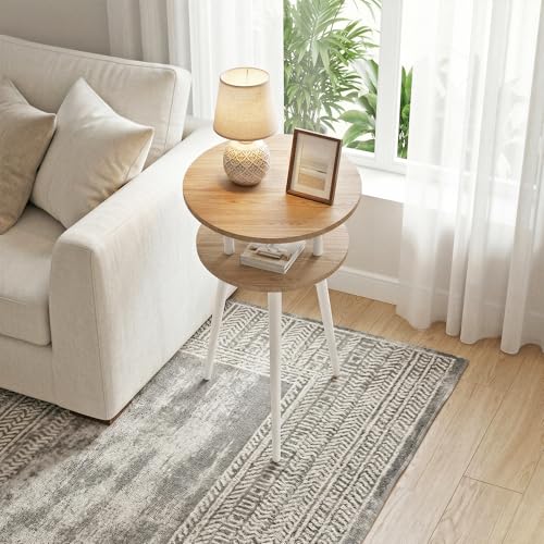 Small End Table for Living Room, 2-Tier Round Side Table with Metal Leg,Compact Sofa Circle Bedside Table Nightstand with Storage, Accent Table for Bedroom, Natural Wood - color: Oak and White