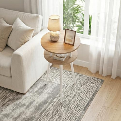 Small End Table for Living Room, 2-Tier Round Side Table with Metal Leg,Compact Sofa Circle Bedside Table Nightstand with Storage, Accent Table for Bedroom, Natural Wood - color: Oak and White