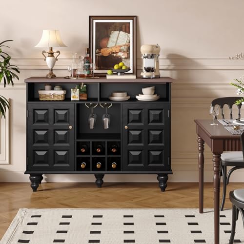 Vabches Modern Sideboard Buffet Cabinet, 46" Mid Century Liquor Whiskey Coffee Bar Station with Wine Rack and Glass Holder, Kitchen Wine Bar Cabinet with Storage Table for Living Dining Room