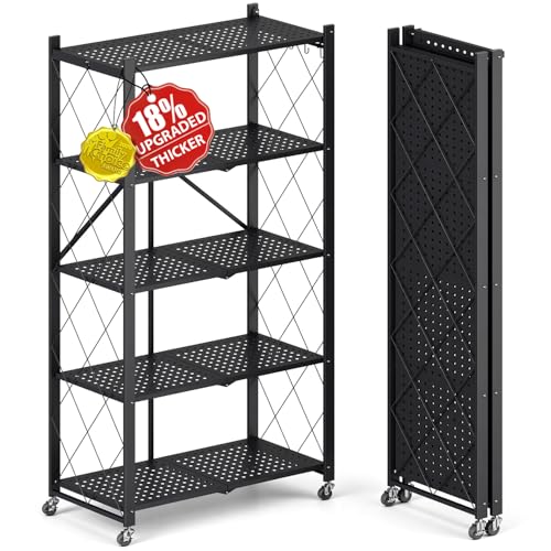 Upgraded 18% Thickened Portable 5-Tier Foldable Storage Shelves with Wheels Heavy Duty Storage Shelf Collapsible Shelves Unit Display for Garage Storage Kitchen Pantry & Closet Organizer, Matte Black